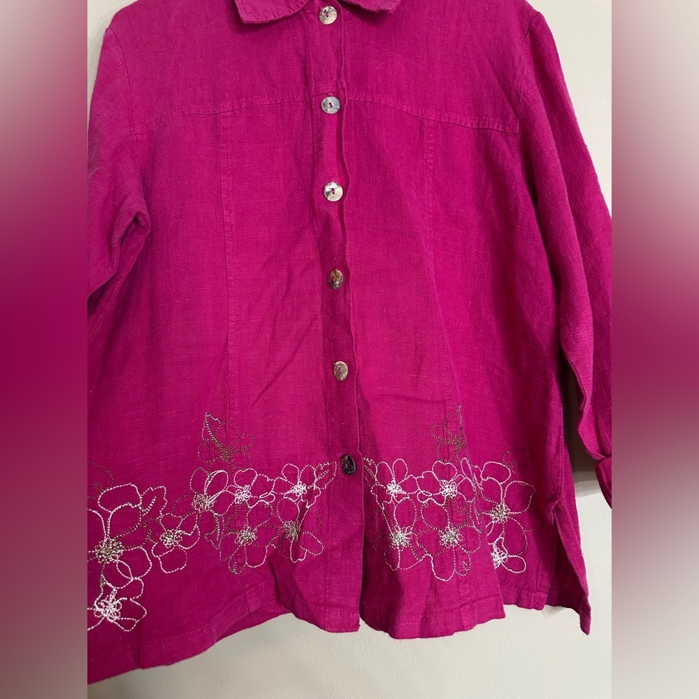vintage DONNA Pink Button-Up Shirt with Floral Embroidery small 100% linen - Picture 3 of 6